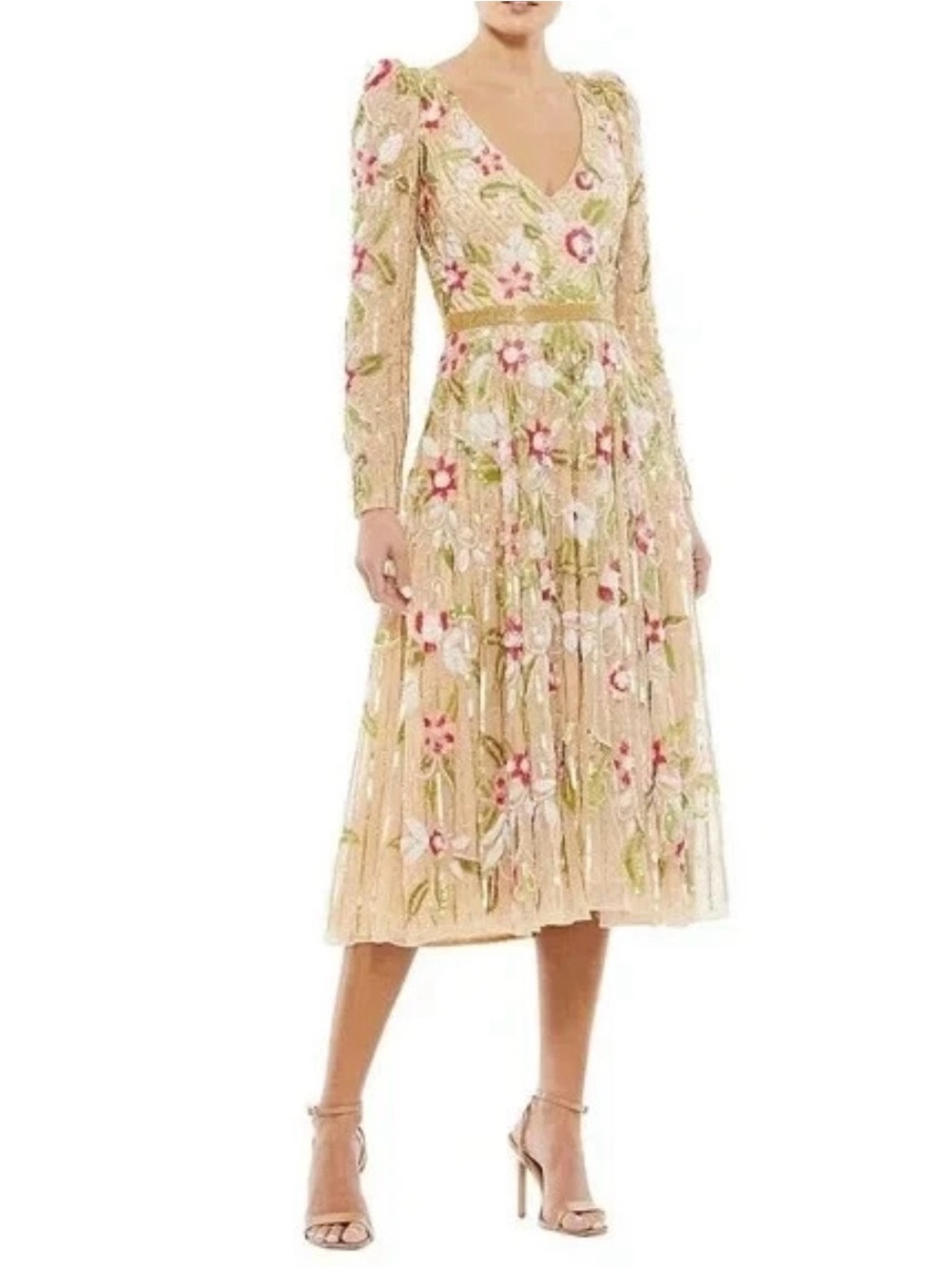 Mac Duggal Embellished V-Neck Floral Beaded Evening Dress in Tan, Pink & Green - Picture 9 of 9